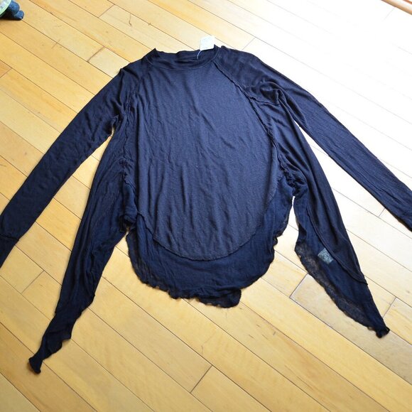 We The Free Women's XS Linen Blend Lace Trimmed Black Top Tee - Picture 2 of 14